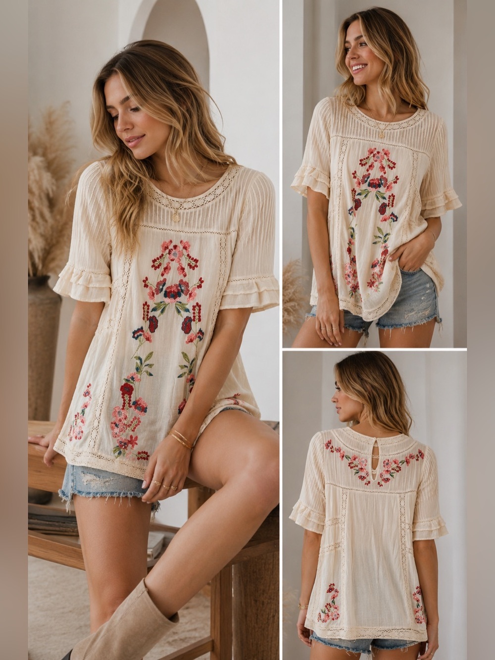 Free People Embroidered Crochet Lace Boho Tunic Blouse Ivory XS